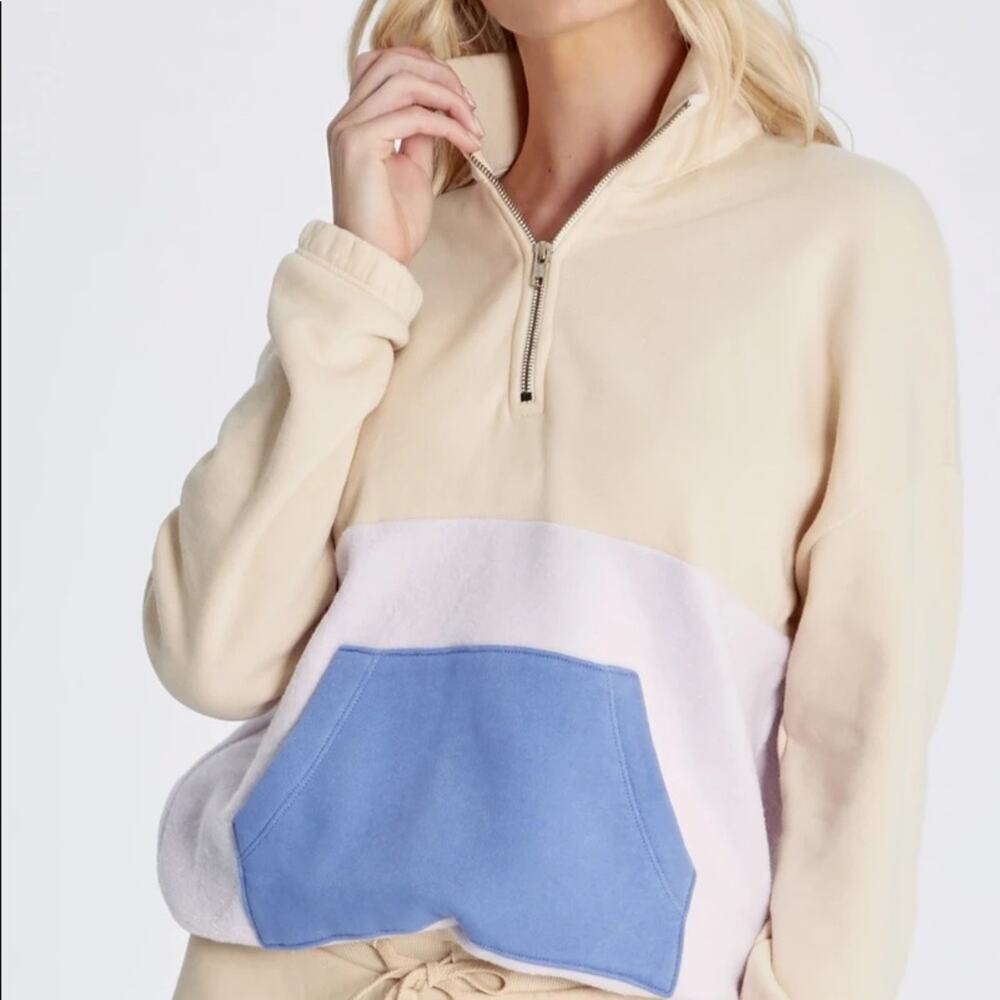Wildfox Zip Pullover Fleece Sweater Lea Quarter Color Block Cream X-Small